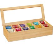 Relaxdays caja té, bambú, 12 compartimentos, cajita infusiones con ventana, organizador bolsas té 9x41x16 cm, natural