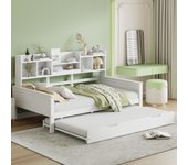 Cama nido 90x200 cm + 90x190 cm con cabecero y compartimentos, sofá cama - pino + contrachapado + mdf - blanco (sin colchón)
