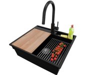 Primagran fregadero granito negro 58x53cm, fregadero cocina 1 seno + sifón + accesorios, fregadero sobre encimera al mueble 60cm - oslo pocket