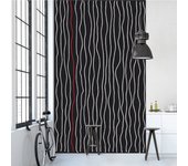Papelera panorámica asegurada, patrones de ondas verticales blancas, con ondas rojas sobre un fondo negro, 250 cm x 150 cm