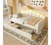Cama nido 90x200 cm - con iluminación led - con 2 cajones - terciopelo - beige (sin colchón)