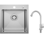 Cecipa max fregadero de cocina 1 seno 40 × 45 cm fregadero de acero inoxidable cepillado + grifo de cocina de agua fría, cepillado