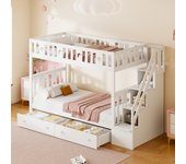 Literas 2 x 90 x 200 cm con 2 cajones y estantes de almacenamiento - madera maciza - color blanco