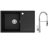 Fregadero cecipa max 1 seno con escurridor, 78x45cm fregadero de cuarzo y resina negra + mezclador de cocina spring con 3 salidas de agua, cepillado