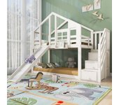 Literas 2 x 90 x 200 cm con 3 cajones, corredera y techo - madera maciza + mdf - 2 x somier - blanco (sin colchón)