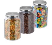 Relaxdays botes cristal con tapa, set de 3, 1500 ml, recipientes redondos, tarros herméticos, transparente/plateado