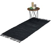 Relaxdays alfombra de pasillo de algodón y cuero, 70 x 140 cm, con flecos, antideslizante, retazos, negro