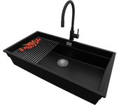 Primagran fregadero granito negro 86x47cm, fregadero cocina 1 seno + sifón + accesorios, fregadero sobre encimera al mueble 90cm - prague slim