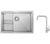 Fregadero de cocina de un seno cepillado con escurridor de 60 x 44 cm + grifo mezclador de cocina de acero inoxidable cepillado con caño alto curvo