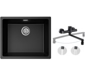 Fregadero de 1 seno de cuarzo y resina, 3 opciones de montaje, 55*44*20cm + mezclador de cocina de pared con 2 chorros negro