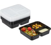 Relaxdays set 10 fiambreras plástico, recipientes con tapa, 3 compartimentos, microondas, 1000ml, para microondas, negro