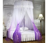 Dosel de cama de princesa con luces de hadas, cortinas mosquiteras para cama en dormitorio y dormitorio, violeta y blanco, diámetro 120 x alto 270 cm