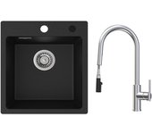 Fregadero de cuarzo y resina fregadero de cuarzo 40x45cm 1 seno negro + grifo de cocina monomando con ducha extraíble, 2 salidas de agua, cepillado