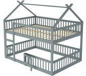 Cama emparejada infantil de madera maciza gris 140×200 cm con escalera y diseño de mezanine