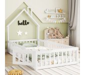 Cama infantil de 90 x 200 cm en madera de pino con barandillas protectoras y puerta, somier incluido, blanco