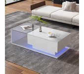 Mesa de centro con cajón grande - 100x50x32 cm - led - tapa de cristal - tablero de partículas - blanco brillante