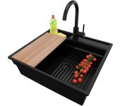 Primagran fregadero granito todo negro 58x53cm, fregadero cocina 1 seno + sifón + accesorios, fregadero sobre encimera al mueble 60cm - oslo pocket