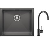 Cecipa max fregadero de cocina fregadero de acero inoxidable de 1 seno 50 * 44 cm negro antracita + mezclador de cocina de acero inoxidable negro