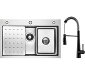 Cecipa max fregadero de inox 70×45×cm con escurridor, lavabo y dispensador de jabón + grifo de cocina de resorte con 3 modos de salida de agua negro