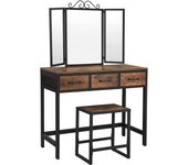 Juego de mesa de maquillaje con espejo triple, taburete, 3 cajones, estructura de acero, estilo industrial, 137,5 cm