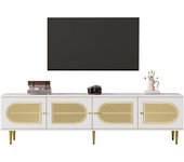 Mueble tv de ratán blanco 180x40x50 cm con 4 puertas de ratán