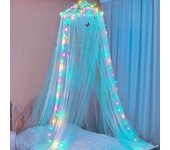 Kit de decoración para dormitorio con mosquitera led y cúpula - cortina de cama estilo bohemio sin instalación - follaje (60 x 250 cm) - azul