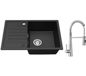 Fregadero cecipa max 1 seno con escurridor, fregadero de cuarzo y resina negra 65x45cm + mezclador de cocina spring con 3 salidas de agua, cepillado
