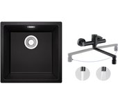 Fregadero de 1 seno en cuarzo y resina, 3 opciones de montaje, 45*44*20cm + mezclador de cocina de pared con 2 jets negro