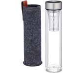 Relaxdays botella de té con infusor 500 ml, cantimplora infusiones, cristal, apta lavavajillas, funda, transparente/gris