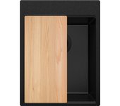 Primagran fregadero cocina todo negro 38x50cm, fregadero granito 1 seno + sifón + tabla de cortar, fregadero sobre encimera al mueble 40cm - oslo