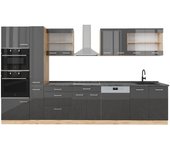 Vicco mueble de cocina r-line, antracita brillo intenso/roble dorado eléctrico, 350 cm con armario alto, et antracita