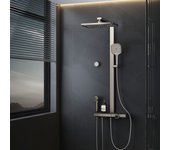Emke columna de ducha con termostato 38℃ ducha de lluvia estante de cristal de 40 cm con ducha de mano padres-hijos+soporte de ducha - antracita mate