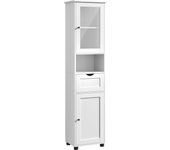 Armario alto de baño estrecho con puerta de cristal - estantes regulables, compartimento abierto, ahorro de espacio, blanco nube