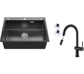 Auralum max fregadero cocina empotrable,1 bac,60*49*20cm,acier inoxidable 304,negro+grifo de cocina retráctil de dos funciones, negro
