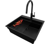 Primagran fregadero granito todo negro 58x53cm, fregadero cocina 1 seno + sifón + accesorios, fregadero sobre encimera al mueble 60cm - oslo max