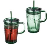 Relaxdays set de 2 vasos, jarras para beber con tapa y pajita, jarritas batidos y zumos 450 ml, con asa, verde