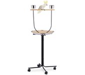 Relaxdays percha para loros, barra para aves, 2 comederos, bandeja inferior, móvil, metal, accesorios pájaros, negro