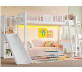 Cama mezzanine para niños 90x200 cm - con iluminación led - con estanterías - con tobogán - de madera maciza - blanco (sin colchón)