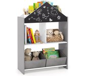 Costway estantería infantil en forma de casa, organizador de juguetes de madera con pizarra y tablero blanco 2 en 1, 4 compartimentos y 2 cajones, kit