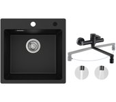 Fregadero de 1 seno de cuarzo y resina negra fregadero encastrable 45x45 cm + mezclador de cocina de pared con 2 chorros negro