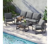 Conjunto de salón de jardín, conjunto de muebles de jardín con cómodos cojines, sofá de 3 plazas, 2 sillones y mesa de centro, color gris