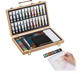 Relaxdays maletín pinturas con goma, sacapuntas, lápices y lapiceros color, madera, 56 piezas, pintura al óleo, marrón