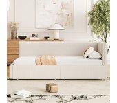 Cama tapizada, sofá cama 90*200 cm, con 2 cajones grandes, tejido de terciopelo agradable a la piel, beige