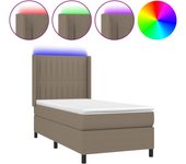 Cama con somier, colchón y luces led, tela gris topo, 90x190 cm