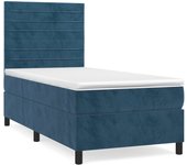 Cama con somier tapizado y colchón de terciopelo azul oscuro 90x190 cm