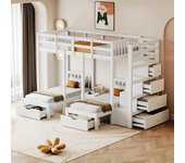 Cama infantil de madera maciza 90*200 cm, litera con escalera de seguridad y mesita de noche, diseño de barandilla de seguridad, gris