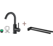 Mezclador de lavabo, auralum max grifo de baño negro giratorio de 360°, aireador desmontable + toallero de dos brazos, para baño/cocina, 42 cm, negro