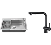 Fregadero cocina cepillado 68x45x19cm con distributor jabón escurridor cesta+mezclador cocina de acero inoxidable plegable girante 360°,negro