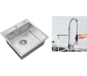 Fregadero cocina 1 bandeja 45x45cm acero inoxidable 304, empotrado y para colocar + grifo cocina rotativo 360° ducha extraible