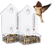 Relaxdays comederos de pájaros con termómetro, set de 2, 2 sopapas, dispensadores de alimento, 17x11,5x5cm, transparente